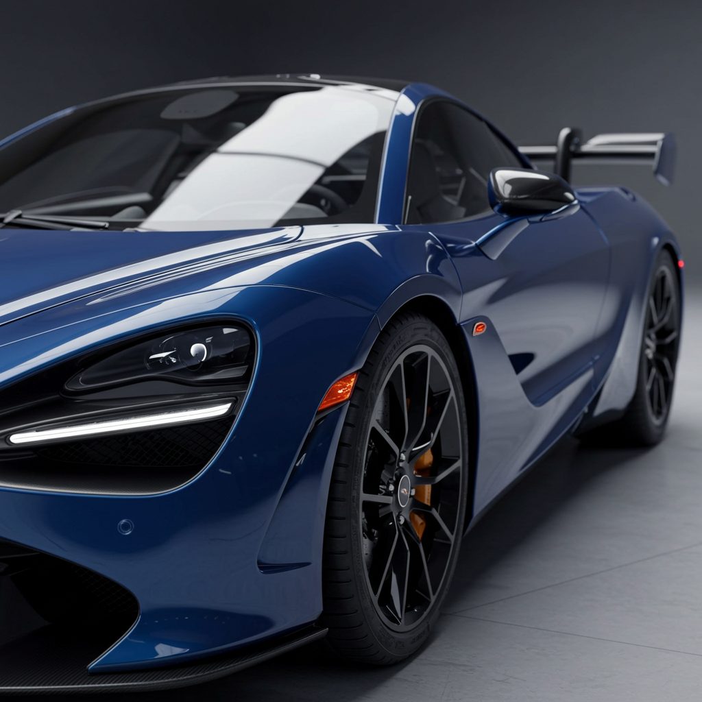 Blue McLaren 750S front three-quarter view
