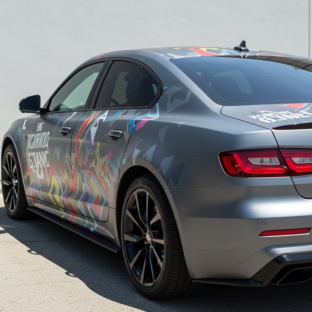 Grey sedan with a custom graphic wrap