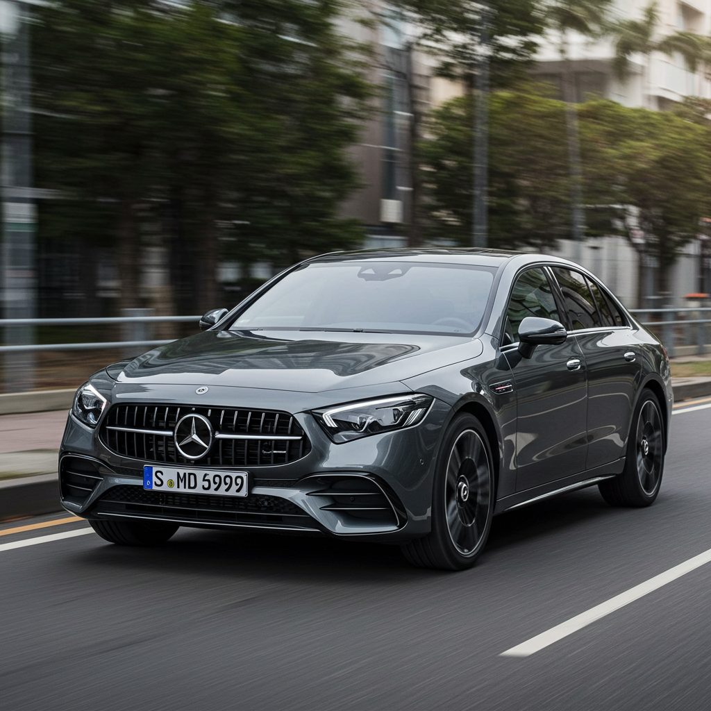Grey Mercedes-AMG sedan driving on a highway
